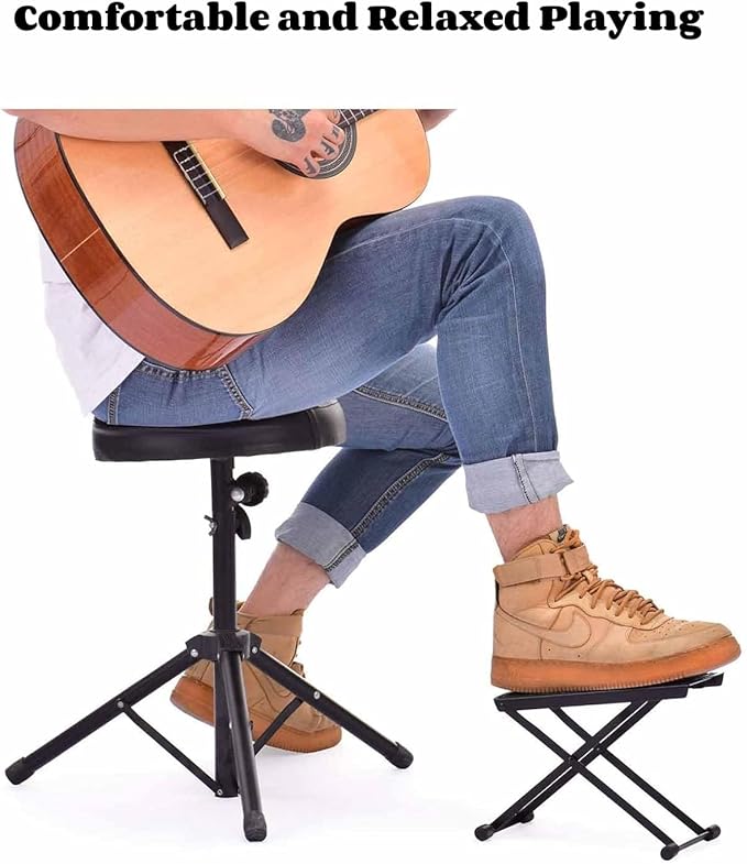 Guitar Foot Stool, 6-Position Height Adjustable Guitar Foot Rest Stand with Rubber End Caps and Non-Slip Rubber Pad for Classical, Acoustic, Electric Guitar - Black