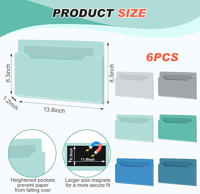 Fuutreo 6 Pcs Magnetic Wall File Organizer Magnetic Wall File Holder Refrigerator Magazine Holder for Mail Letters Paper(Aqua Green,Horizontal-large)