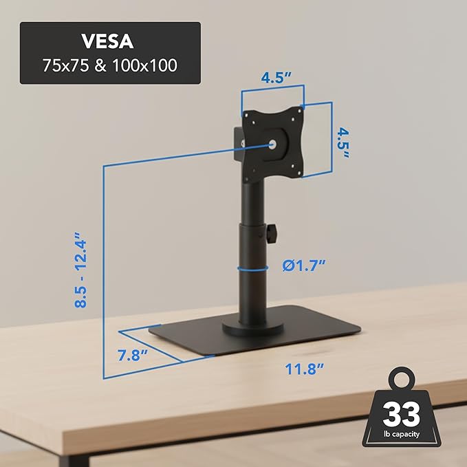 Mount-It! POS Monitor Stand, Adjustable Desktop VESA Mount for 13–32 Inch Screens, Height Adjustable Full Motion Swivel Tilt Rotation, Freestanding or Bolt-Down Base for Retail, Kiosks, Checkout