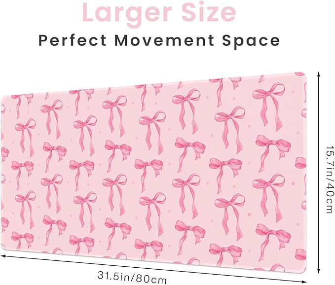 Pink Desk Mat with Bows, Cute Mouse Pad for Computer Laptop PC Non-Slip Rubber Base Gaming Keyboard Pad, Large Office Mat Girly Décor Office Supplies Desk Accessories for Teen Girls Women 31.5 x 15.7