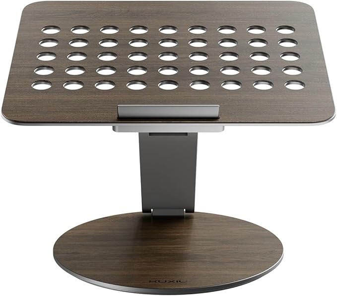 KU XIU Adjustable Laptop Stand with 7-in-1 Hub, Foldable Portable Aluminum Laptop Riser with 360° Swivel Base for Desk, Ergonomic Computer Notebook Stand Holder for All Laptops 10-17"-Gray (Wooden)