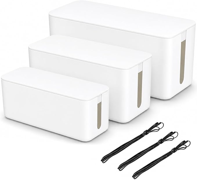 [Set of 3] 3 Cable Management Boxes + 3 Wire Ties, Large Cord Box Organizers to Hold and Hide Power Strip Charger Adapter Power Cord Charging Station USB HUB (White)
