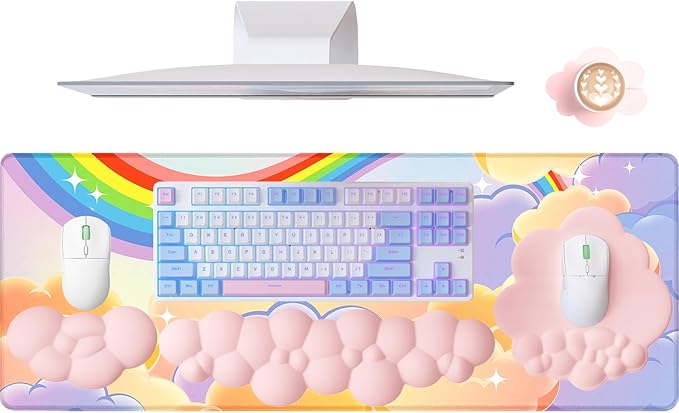 5 in1 Cloud Mouse Pad,Keyboard Wrist Rest,Mouse Wrist Rest Support,Mouse Pad Wirst Rest and Leather Coaster Set with Office Desk Mat,Memory Foam Ergonomic Easy Typing Pain Relief for Office and Home