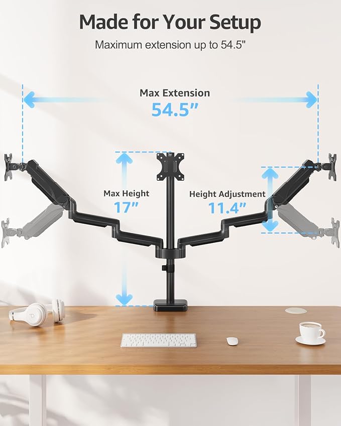 MOUNTUP Triple Monitor Stand Mount - 3 Monitors Desk Mount for Computer Screens Up to 27 inch, Triple Monitor Arm, Heavy Duty Monitors Stand, Each Arm Holds 4.4-19.8 lbs, Black
