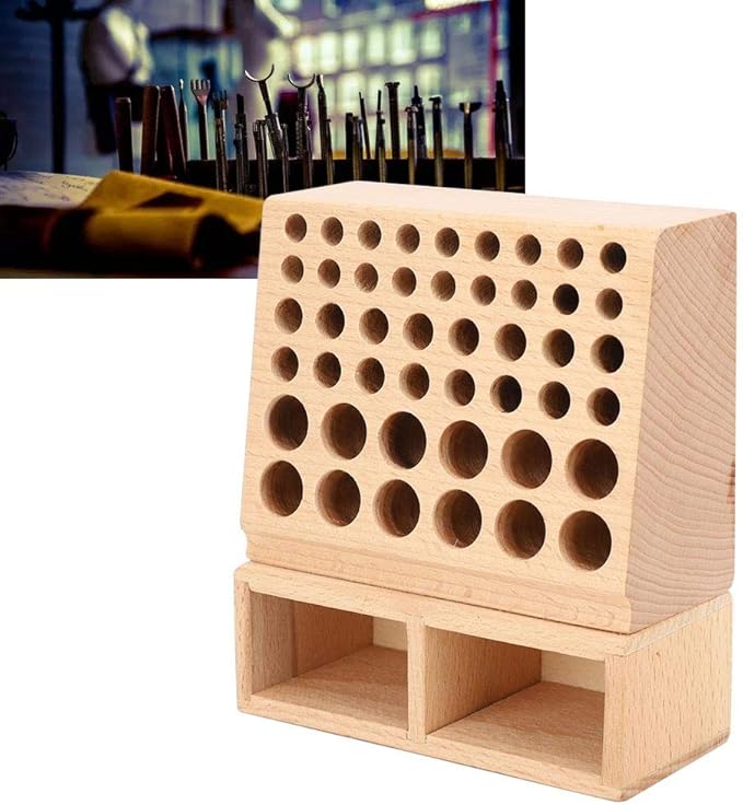 Leather Tool Holder, 48 Holes Wooden Leather Craft Tool Stand with 2 Slots, Solid Beech Rack Stand Organizer, Storage Case for Leathercraft Punch & Styling Tools