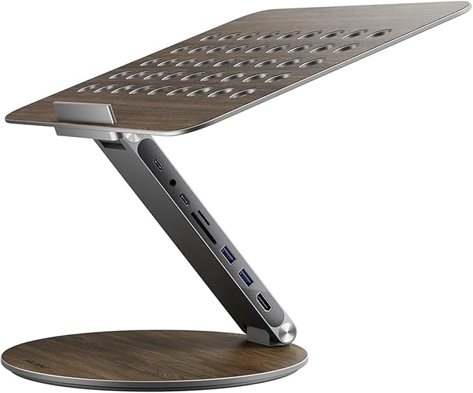 KU XIU Adjustable Laptop Stand with 7-in-1 Hub, Foldable Portable Aluminum Laptop Riser with 360° Swivel Base for Desk, Ergonomic Computer Notebook Stand Holder for All Laptops 10-17"-Gray (Wooden)