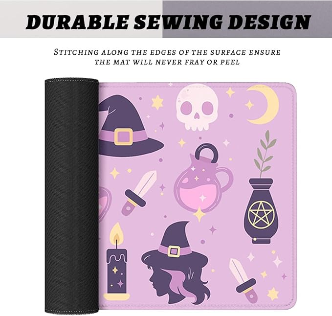 Cute Witch Desk Pad Mouse Pad Purple Cartoon Boho Magic Tarot Large Gaming Mouse Mat with Stitched Edges,Non-Slip Waterproof Rubber Base Mous Mat 31.5"x11.8"