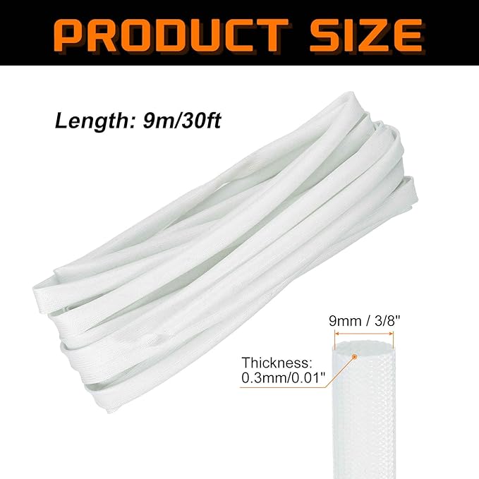 MECCANIXITY 30ft Braided Cable Sleeve, 3/8" ID 200C Heat Resistant 1500V Fiberglass Wire Insulation Cord Protector Organizer Wires Management for Motor Engine Fuel Line, White