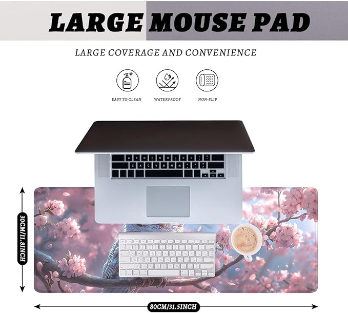 Owl Mouse Pad Fantasy Anime Pink Feathers Cherry Blossoms Extended Mousepad Waterproof Stitched Edges Rubber Base Non-Slip Deskmap Computer Keyboard Mat 31.5x11.8 in