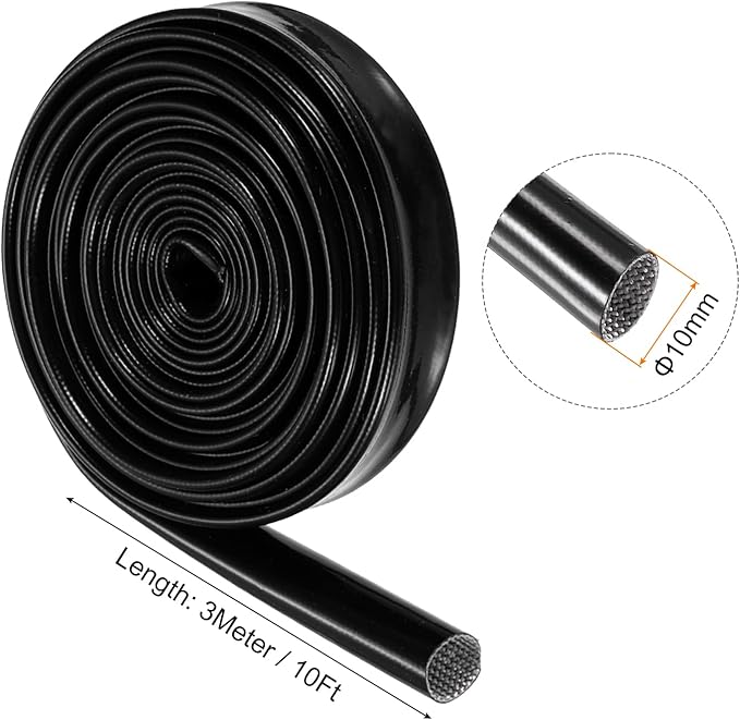MECCANIXITY Insulation Braided Cable Sleeve,10 Ft-3/8 Inch ID Black, High Temp Silicone Fiberglass Sleeving for Cable Wrap, Automotive Wiring Protection
