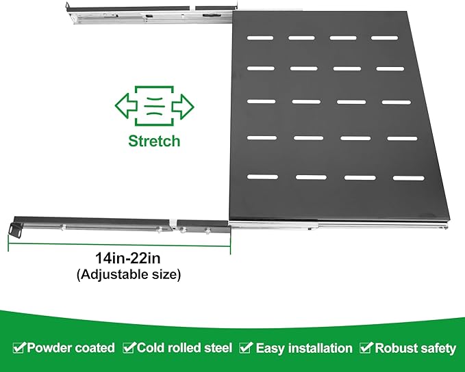 1U Sliding Shelf Tray 19in Mount Keyboard Shelf Tray, Adjustable Depth 14 to 22in Sliding Tray for Server Rack/Cabinet Steel Pull Out Drawer for Racks 210LBS Weight Capacity GLOBALRACK(SLD-1U14-22)