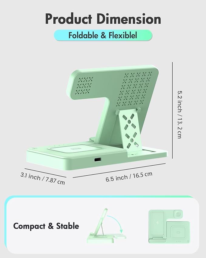 Wireless Charger Stand Charging Station: 3 in 1 Charger Multiple Devices for Apple iPhone 17 16e 16 15 14 Pro Max 13 12 11 for Watch 11 10 9 8 7 6 5 4 3 2 SE and Ultra & Airpods Series, Light Green