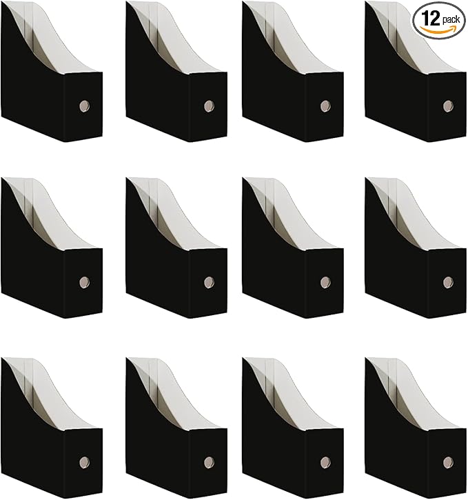 Limitliho 12 Pack Black Cardboard Magazine File Holder for Desktop, Book Bins for Classroom Library, Office or Home, Vertical Paper Boxes for Storage with Label(10.6" H x 10.2" L x 3.5" W in)
