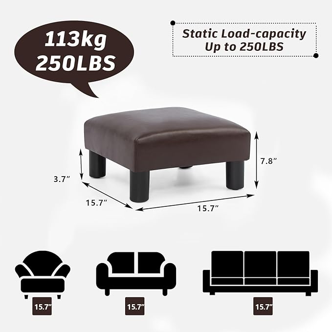Joveco Small Foot Rest Stool Ottoman, 15" Leather Footrest Square Footstool with Non-Skid Plastic Legs, for Chair, Under Desk, Office, Living Room, Brown