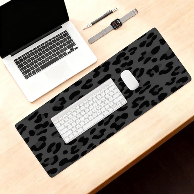 Large Mouse Pad Leopard Print Black Non-Slip Rubber Long Gaming Desk Mat Big Computer Keyboard Mousepad Waterproof Protector Wristing Pad for Gaming Office Home Decorative 31.5 X 11.8 Inch