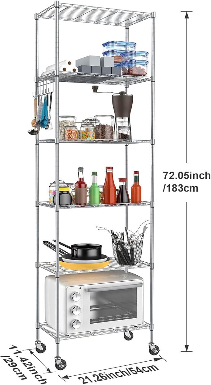 Homdox 6-Tier Storage Shelf Wire Shelving Unit Free Standing Rack Organization with Caster Wheels, Stainless Side Hooks, Silver Gray | Rack Organization