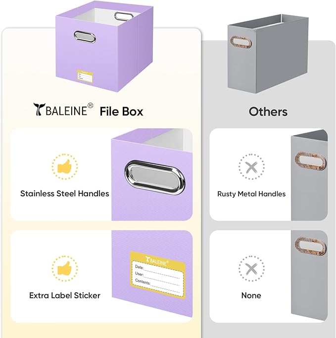 BALEINE File Organizer Box, Cardboard File Folder Organizer with Handle for Letter Size, Portable Collapsible Hanging Filing Box for Home Office Document Storage (4 Pack, Large Lavender)