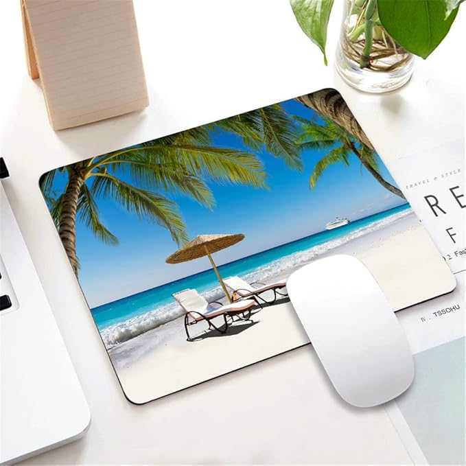 Beds and Umbrella on a Tropical Beach Mouse Pad Non-Slip Rubber Base Gaming MousePads for Computers Laptop Office, 9.5"x7.9"x0.12" Inch(240mm x 200mm x 3mm)