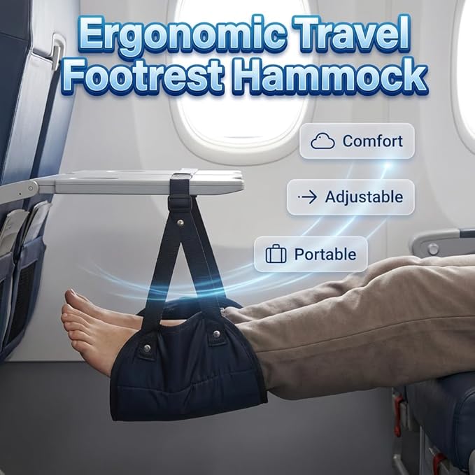 Airplane Foot Rest, Foot Hammock with Adjustable Strap, Portable Under Desk Foot Relaxation Hanger, Lightweight Travel Leg Rest Essential for Long Flight, Train & Office Use (1 Pack)