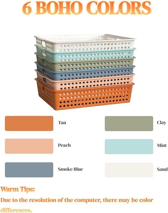 RAUVOLFIA 6 Pack Plastic Turn in Paper Trays for Classroom, Colorful Storage Bin Basket Organizers for School Supplies, Classroom Organization and Storage Tray Holds 4A Paper (Boho)