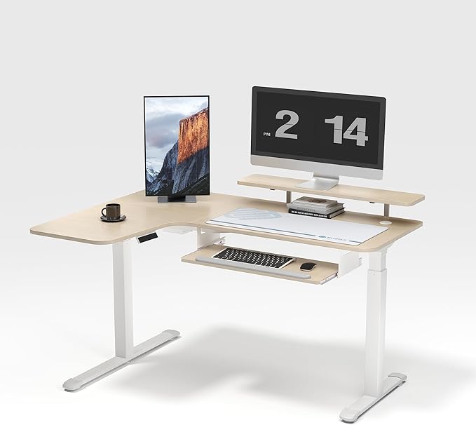 EUREKA ERGONOMIC 55 Inch L Shaped Electric Standing Desk, Height Adjustable Computer Gaming Desk with Keyboard Tray, Mouse Pad, Home Office Work, Maple Wood, Left Side