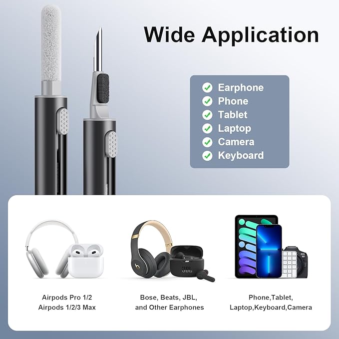 Hyashee Cleaner Kit for Airpods Pro 1 2 3 Multi-Function Cleaning Pen with Soft Brush Flocking Sponge for Bluetooth Earphones Case Cleaning Tools Black