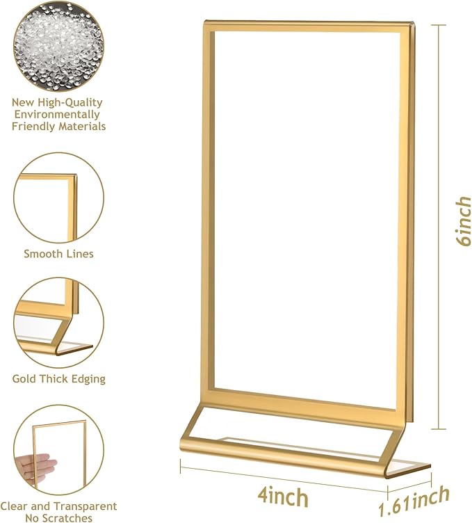 Petallush 6PCS Gold Acrylic Picture Frame Stands Holders for Tables Display 4x6, Double Sided Acrylic Wedding Table Number Sign Holder, Clear Menu Flyer Paper Holder for Wedding Party Decor