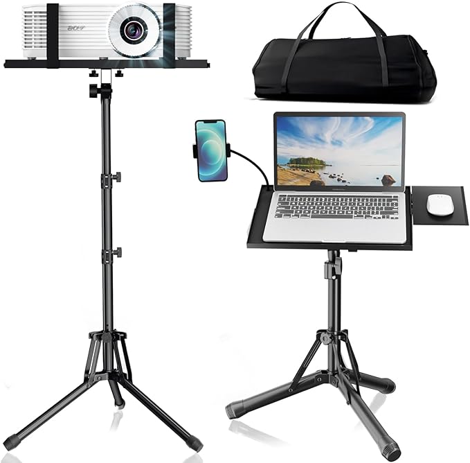 Projector Stand Laptop Tripod - Portable Tripod Adjustable Height 20 to 60 Inch, Projector Stand with Gooseneck Phone Holder ＆ Mouse Tray, Laptop Floor Stand for Podium, Studio, DJ Racks