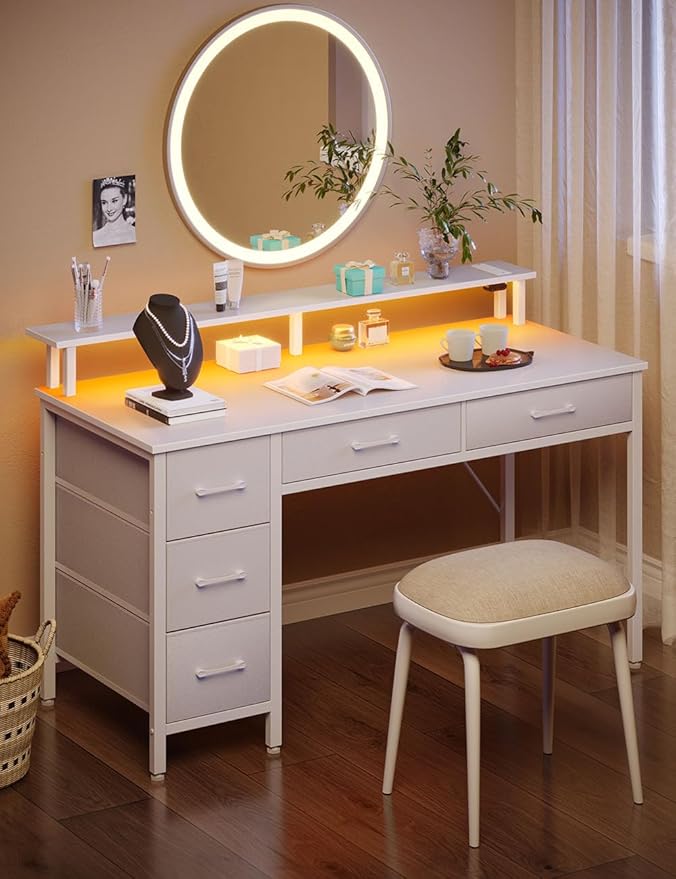 Seventable Computer Desk with Power Outlets & LED Light, 39 inch Home Office Desk with 5 Drawers, Writing Desk with Monitor Stand, Work Desk for Home Office, White