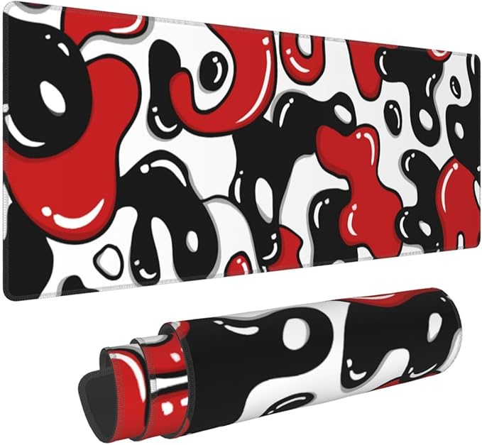 Red Black White Mouse Pad XL 31.5”x11.8” Anime Cool Geometric Japanese Desk Mat Non-Slip Rubber Base Stitched Edge Extended Keyboard Mouse Mat Desk Pad Large Mousepad for Home Office Work Desktop