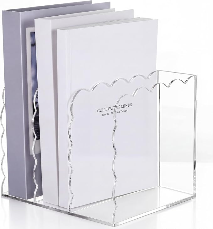 Suzile Scalloped Acrylic Magazine File Holder, 3-Compartment 4mm Thick, Clear Desk Organizer Vertical Bookends Organization for Office, Binders, Documents, Tablets, Magazines, Books
