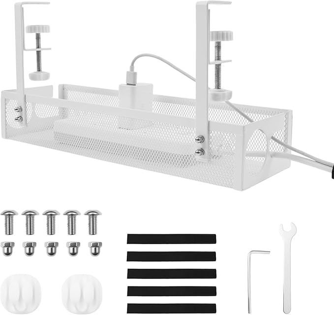 Under Desk Cable Tray, Easy to Install Cable Management Tray, No Drill Under Desk Wire Holder, Space Saving Cord Holder Shelf for Office Home Dormitory(White)