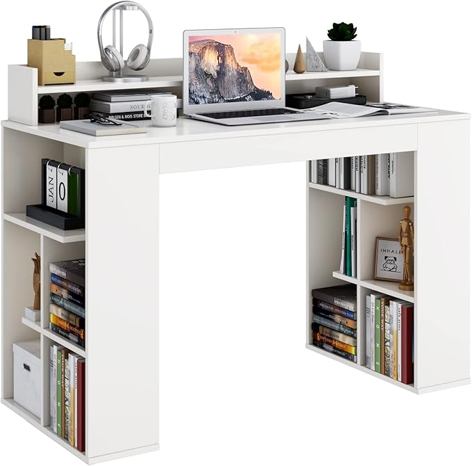 Tangkula 48” White Desk with Storage Bookshelf, Home Office Computer Desk with Dual 3 Tier Bookshelf & Monitor Shelf, Study Writing Desk with Anti-Tipping Kit, Executive Desk for Study & Bedroom