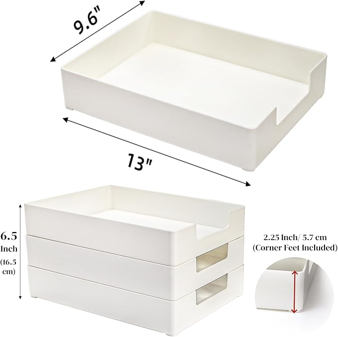Eorbow 3 Pack Letter Tray, Plastic Stackable A4 Paper Trays, Rectangular Desk Drawer Organizer, File Holder for Desktop, Office Supplies Storage, White