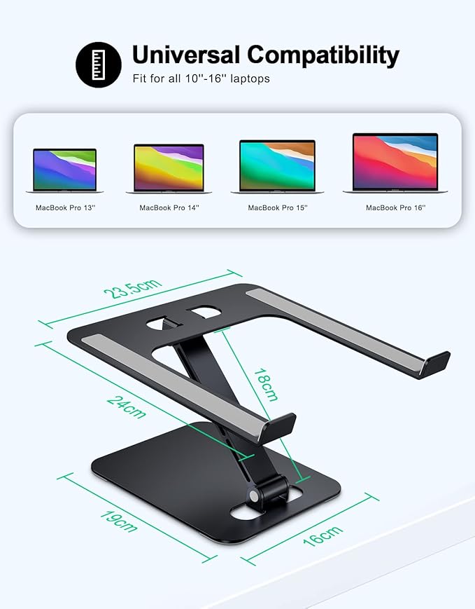 RIWUCT Foldable Aluminum Alloy Laptop Stand for Desk, Height Adjustable Ergonomic Computer Stand, Portable Laptop Riser Holder Notebook Mount Compatible with MacBook Pro Air/HP/Dell 10-16", Black