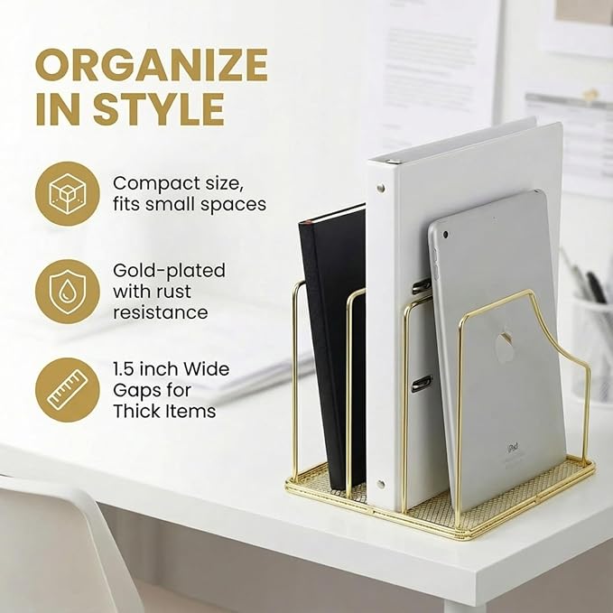 2-Pack Gold Metal File Organizer with Mesh Bottom - Vertical Magazine, Mail & Paper Sorter - 3-Slot Wire Rack for Office, Binders, Makeup Palettes - Aesthetic Desk Organizer
