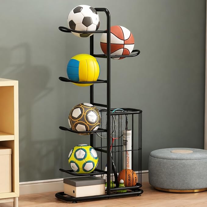 Sports Ball Storage Rack | Adjustable Vertical Stand for Basketball, Soccer, Volleyball & More | Durable Steel Organizer for Garage |5-Ball |45.7 inches, black