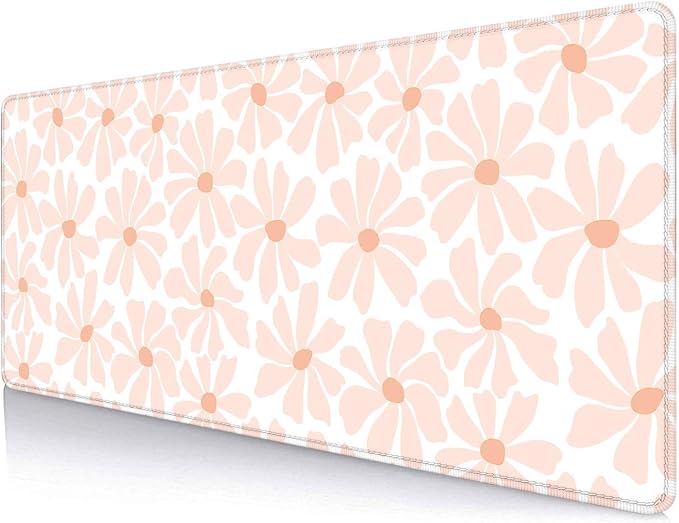 Pink Daisy Floral Boho Desk Mat, Girly Aesthetic Extended Large Mouse Pad, Minimalist White Non-Slip Cute Gaming Mousepad for Home Office Decor