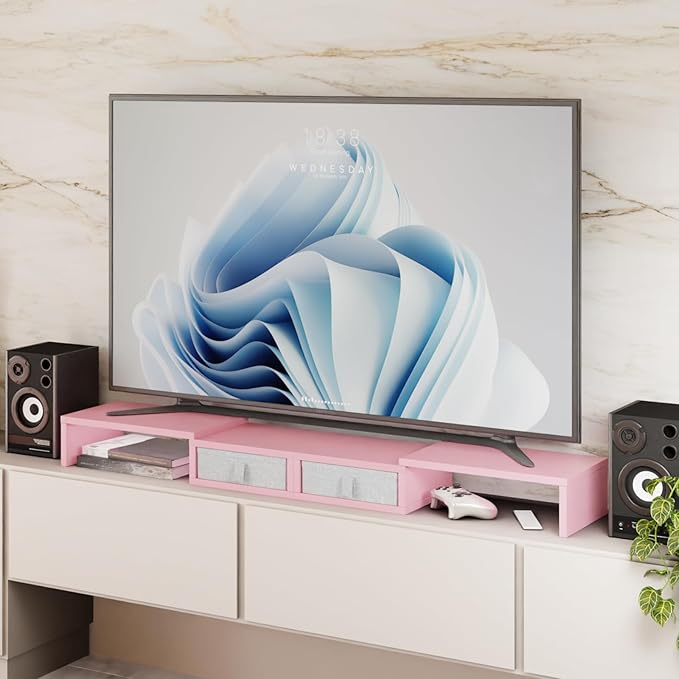 TEAMIX Pink Dual Monitor Stand Riser with 2 Drawers - Length and Angle Adjustable Double Corner Desk Shelf Organizer 37 inch for 2 Laptop/PC/Screen/TV (2 Drawers - 8''H)
