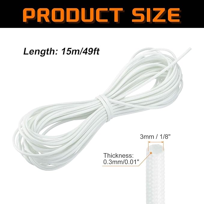 MECCANIXITY 49ft Braided Cable Sleeve, 1/8" ID 200C Heat Resistant 1500V Fiberglass Wire Insulation Cord Protector Organizer Wires Management for Motor Engine Fuel Line, White