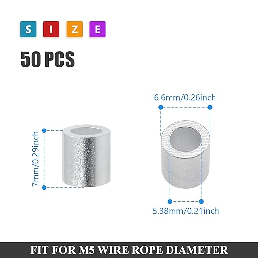 50Pcs Wire Rope Stop Sleeves, 3/16 Inch (5mm) Aluminum Crimping Loop Sleeve Round Cable Stop Sleeve for Wire Rope