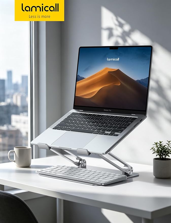 Lamicall Adjustable Laptop Stand, Portable Laptop Riser, Aluminum Laptop Stand for Desk Foldable, Ergonomic Computer Notebook Holder for MacBook Air Pro HP, Office Desk Accessories (10-17.3'')- Silver
