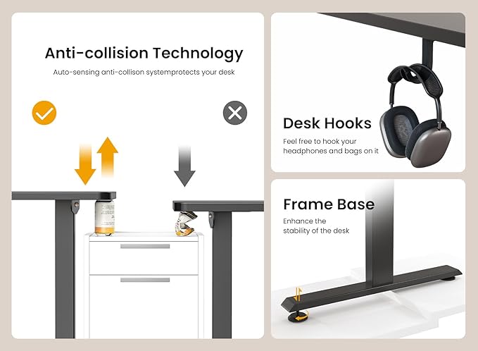 BANTI 63 × 28 Inches Standing Desk, Ergonomic, Electric Height Adjustable, Sit and Stand Up, Computer Desk with a Deeper Desktop, Black Frame/Black Top