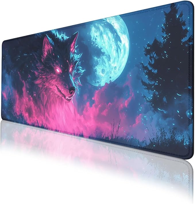 Wolf Monster Mouse Pad Night Sky Blue Moon Pink Neon Weird Extended Mousepad XXL Computer Laptop Keyboard Mouse Mat Big Aesthetic Desk Decor Pad 31.5x11.8 in