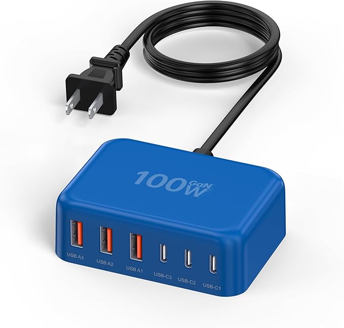 6 in 1 USB Charger, Charging Station for Multiple Devices, 100W Fast Charging Blocks with Type C Ports, USB Charging Hub Organizer Multiport Power Strip for iPhone, Ipad, Kindle, Travel Accessories