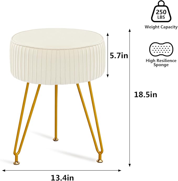 Velvet Vanity Stool, Modern Ottoman Foot Rest Stool with Adjustable Golden Legs, Makeup Chair for Vanity, Multifunctional Small Vanity Chair for Bedroom, Beige