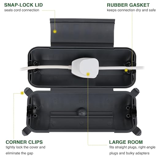 Flemoon Outdoor Extension Cord Safety Cover with Waterproof Protector Seal, Weatherproof Electrical Connection Box for Outdoor Outlets, Plugs, Sockets, Holiday Decorations, Power Tools, Gray