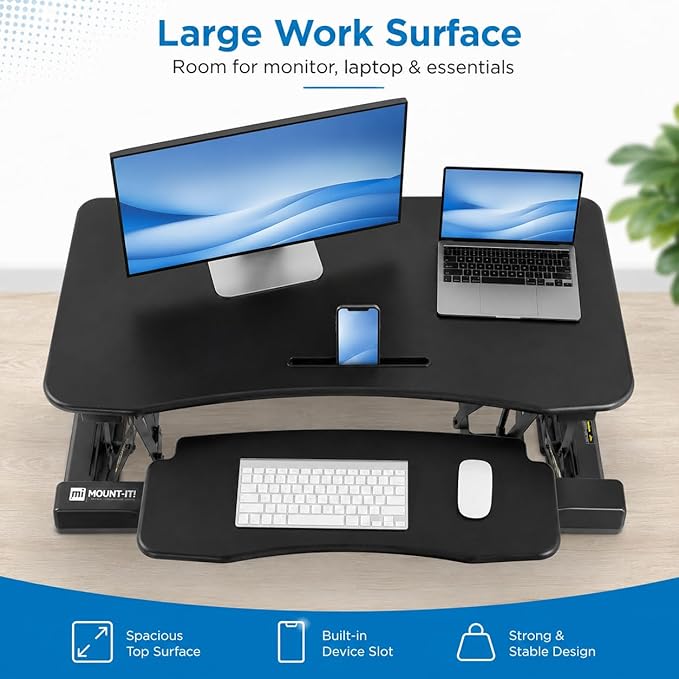 Mount-It! 35.5" Standing Desk Converter with Keyboard Tray – Adjustable Sit Stand Desk Riser for Dual Monitors – Dual Gas Spring Height Adjustable Desktop Workstation Topper – Black