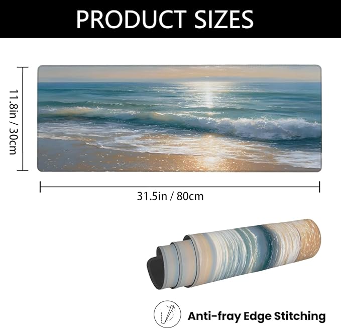 Sea Beach Landscape Large Mouse Pad Non-Slip Rubber Long Gaming Desk Mat Big Computer Keyboard Mousepad Waterproof Protector Wristing Pad for Gaming Office Home Decorative 31.5 X 11.8 Inch