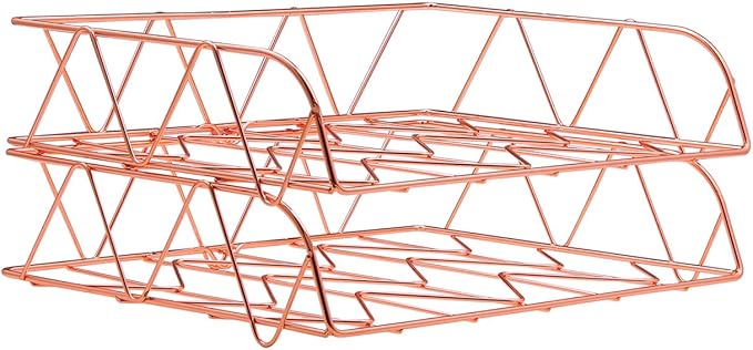 TQVAI 2 Packs Desktop File Organizer Metal Stackable Horizontal Letter Tray Paper Holder Rack,Paper Sorter Desk Organizer for Office/Home/Classroom/School,Rose Gold